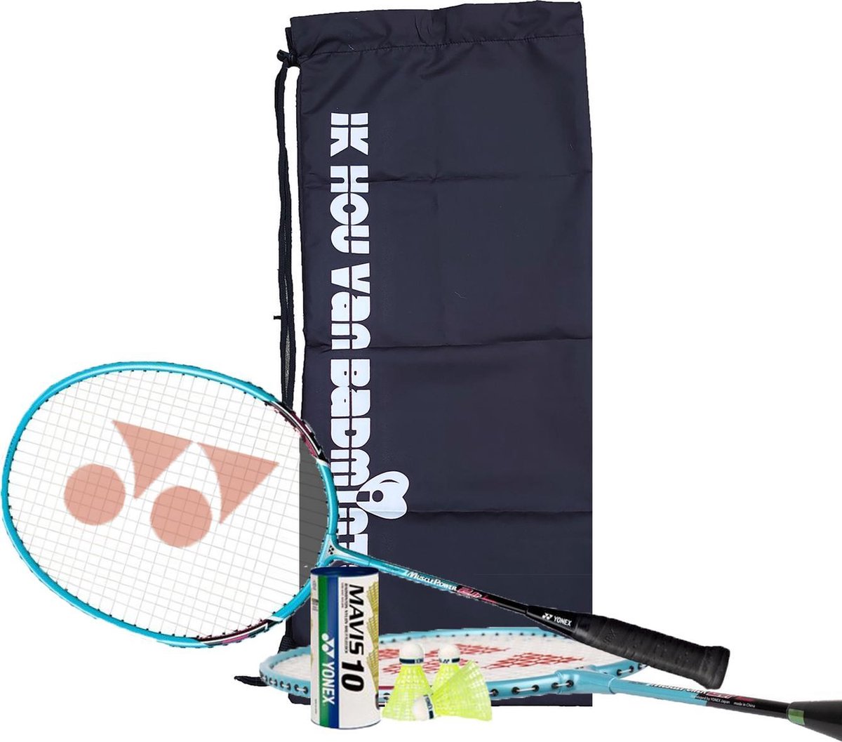 Badminton set Yonex Junior | Kinder Badmintonset | 2 Muscle Power 2jr | 3 shuttles Mavis 10 draagtas