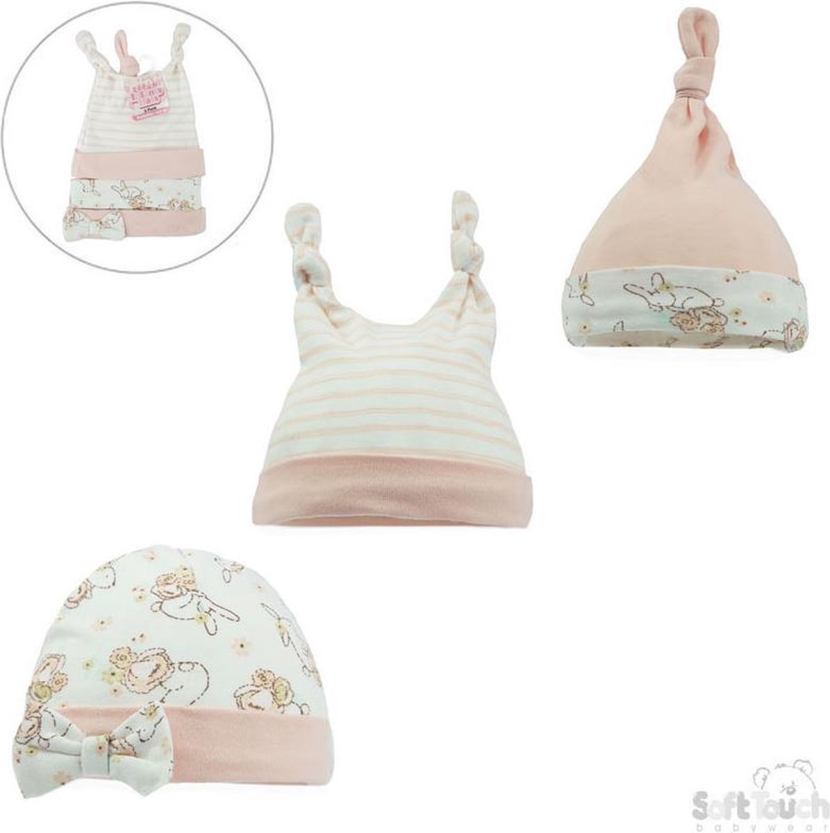 Soft Touch Babymutsjes Bunny Junior Katoen Oranje/wit 3 Stuks