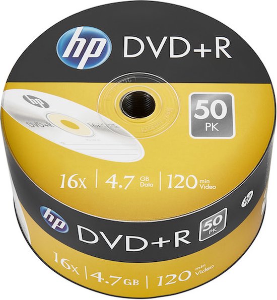 HP DVD+R schijven in een verpakking van 50 stuks. Gele en zwarte band met '50 PK' en '16x 4.7GB 120 min Video' tekst.
