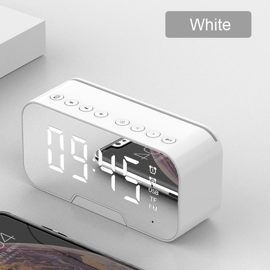 Terzijde Aardappelen Deter THEROB Digitale wekker met bluetooth speaker, radio, spiegel en TF ingang  (wit) | bol.com
