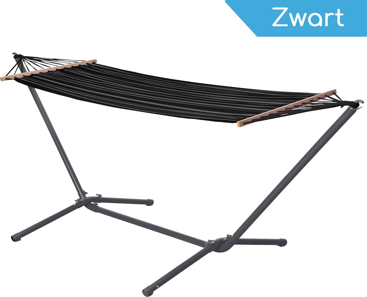 Hangmat met metalen frame van WDMT™ | 200 x 120 cm | Metalen frame en hangmat met houten stokken voor extra stabiliteit | Zwart