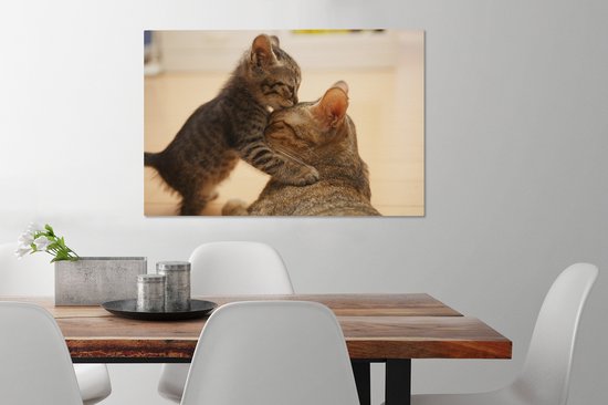 Chat câlin avec chaton 60x40 cm - Tirage photo sur toile (Décoration murale salon / chambre)
