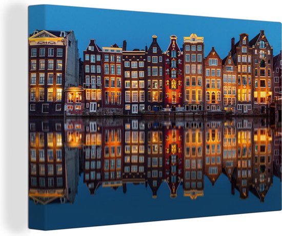 Canvas schilderij - Architectuur - Water - Amsterdam - Verlichting - Kamerdecoratie - 60x40 cm - Canvas - Canvas doek