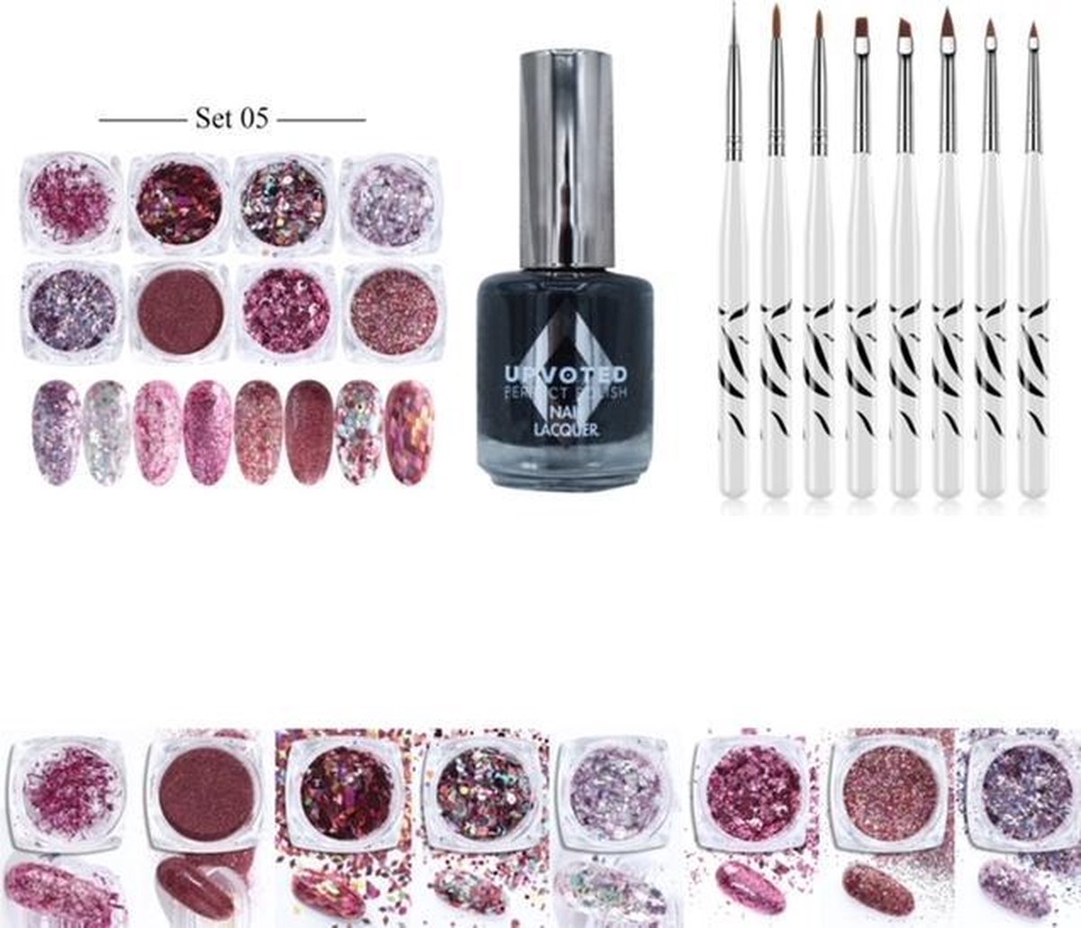 Goedkoopste GUAPÀ - Nail Art Glitter Poeder Nagellak & Penselen Set - Rosé Nagel Versiering Zwarte Nagellak