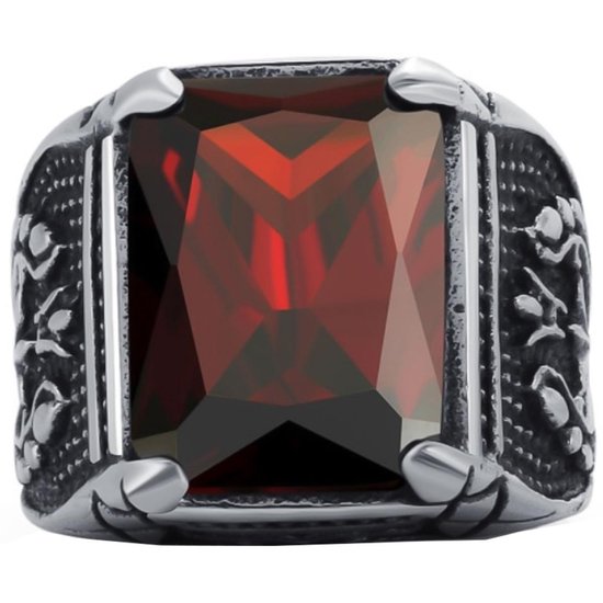 Victorious Zilveren Ring Rood Kristal Heren – Zegelring - Maat 59 (18.9mm)