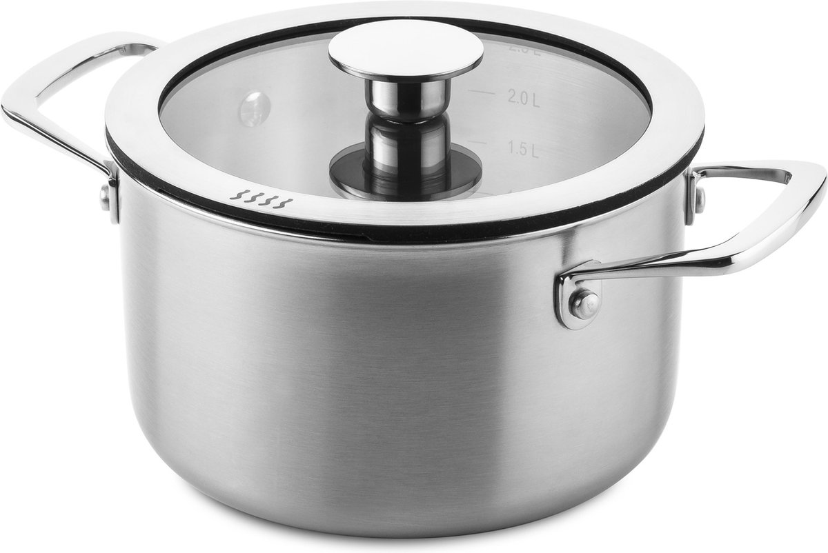 DUCQ Hoge Kookpan 18cm - Downdraft geschikt - glazen deksel- 3-Laags