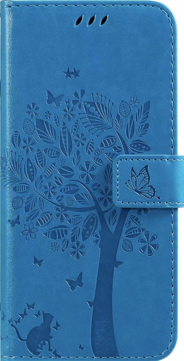 Geschikt voor Samsung Galaxy A21 Bookcase - Blauw - Bloemen - Portemonnee Hoesje
