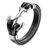 Victorious Leren Armband Heren – RVS Roestvrij Staal – Zilveren Anker – Zwart – 21.5cm