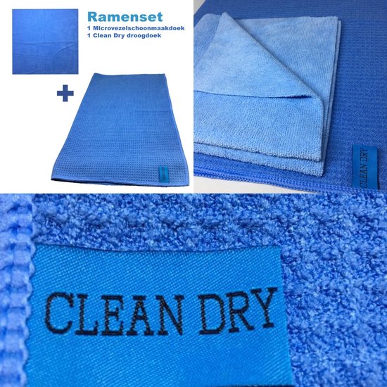 Ramenset met blauwe microvezel schoonmaakdoek en droogdoek, inclusief detailopname label.