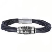 Victorious Gevlochten Leren Armband Heren – Zilveren elementen – Zwart – 21.5cm