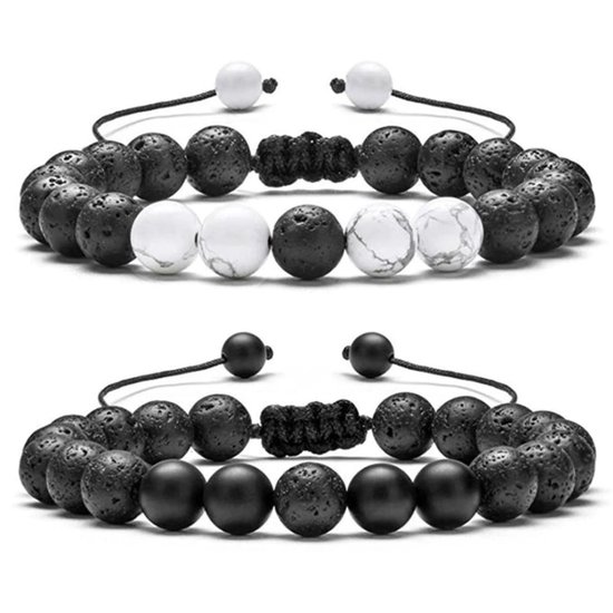 Victorious Set Natuurstenen Kralen Armband – Heren Armband – Dames Armband – Zwart & Wit – 15 t/m 22cm