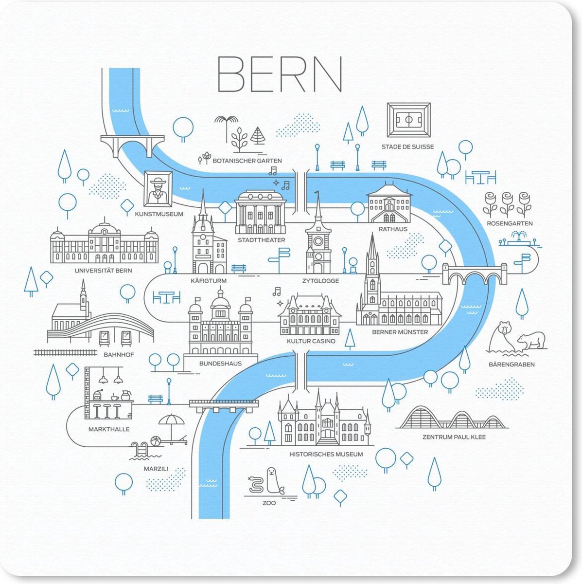 Muismat 30x30 cm - Mousepad Kaart - Bern - Illustratie - Simpel - Muismatten