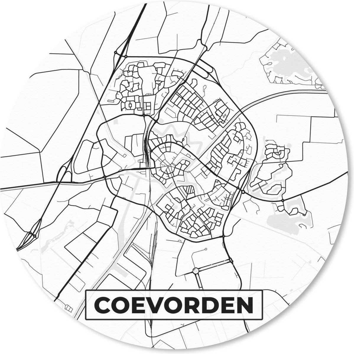Muismat rond 30x30 cm - Mousepad Kaart - Coevorden - Zwart - Wit - Ronde muismatten