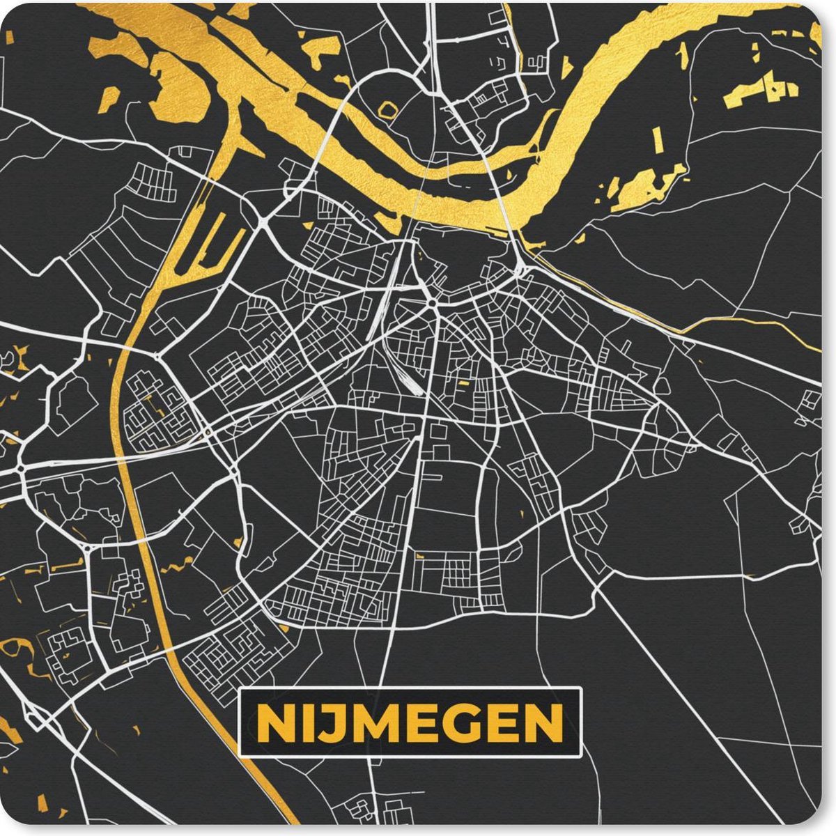 Muismat 30x30 cm - Mousepad Kaart - Nijmegen - Goud - Zwart - Muismatten