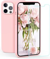 Solid hoesje Geschikt voor: iPhone 12 Mini Soft Touch Liquid Silicone Flexible TPU Rubber - Licht roze  + 1X Screenprotector Tempered Glass