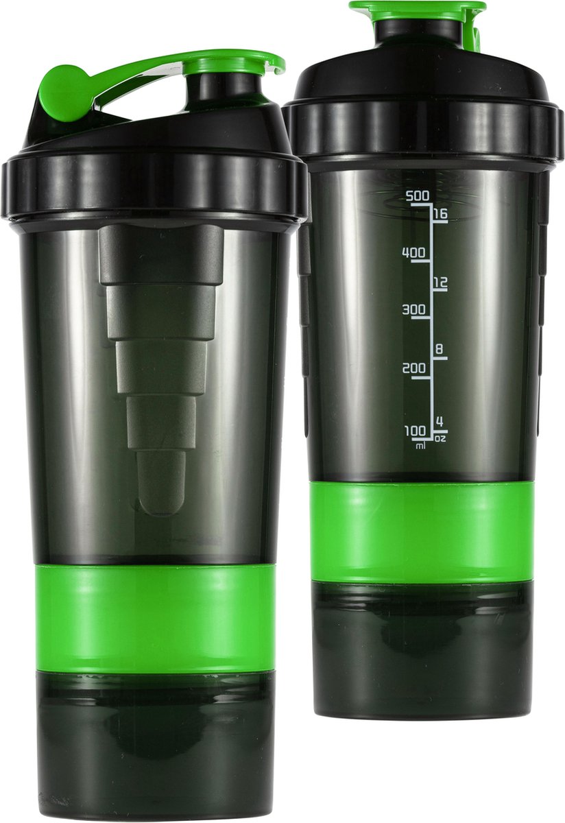 Goedkoopste Pulver | Luxe Shake beker Groen | 2 compartimenten | 0,75L | Sportschool shakebeker | Fitness drinkfles | Extra vakjes | Shaker
