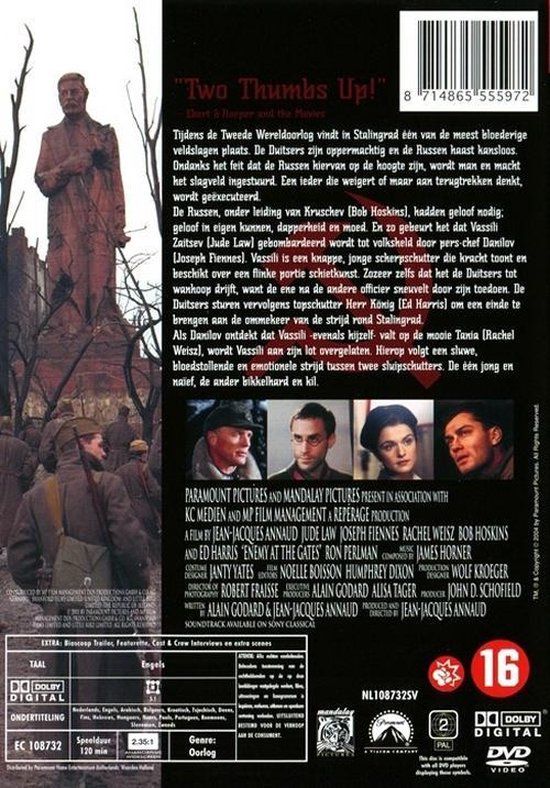 Achterkant van de dvd 'Enemy at the Gates'. Een beeld van standbeelden en soldaten in een oorlogsomgeving.