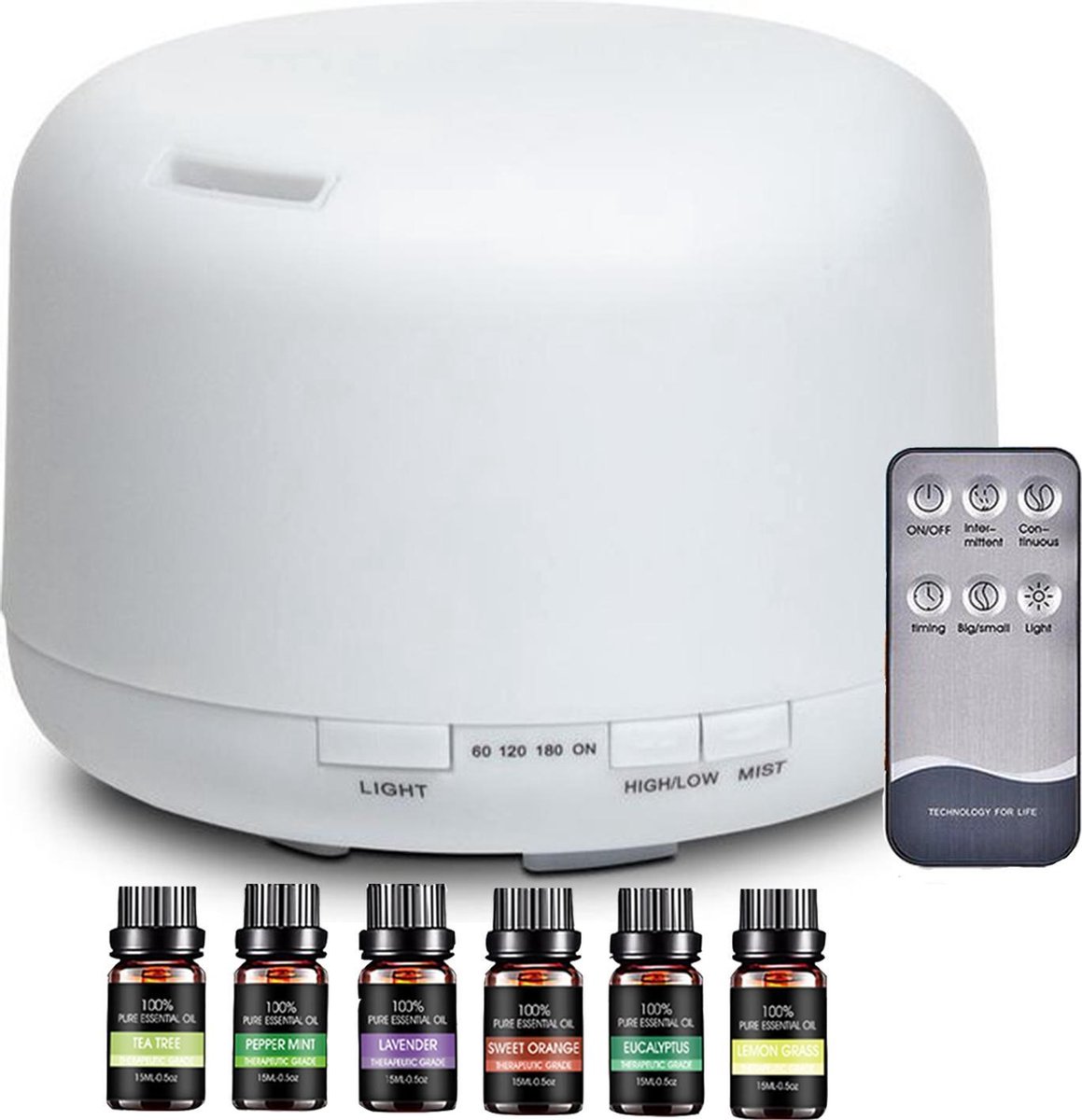 Hoy en Dia® Aroma Diffuser 500ml voor aromatherapie incl. 6 x Etherische Olie - luchtbevochtiger - Humidifier - Geurverspreiders -  diffuser - Wit - Hoy en Dia