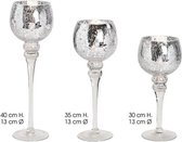 Luxe glazen design kaarsenhouders/windlichten kelken set 3x delig zilver metallic transparant  30, 35 en 40 cm