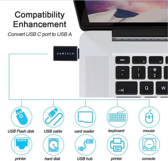 SAMTECH USB-C naar USB-A adapter OTG Converter USB 3.0 - Geschikt voor Apple MacBook Pro/Air, Samsung, Dell en meer - 2-stuks - S A M T E C H