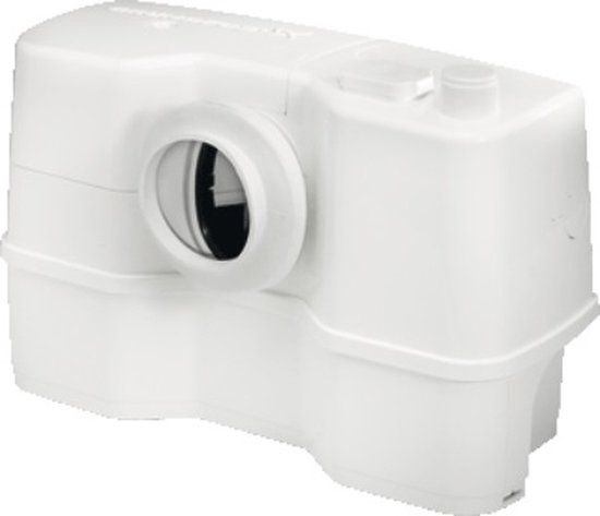 Witte Grundfos Sololift2 toiletlift met ronde aansluiting aan de zijkant.