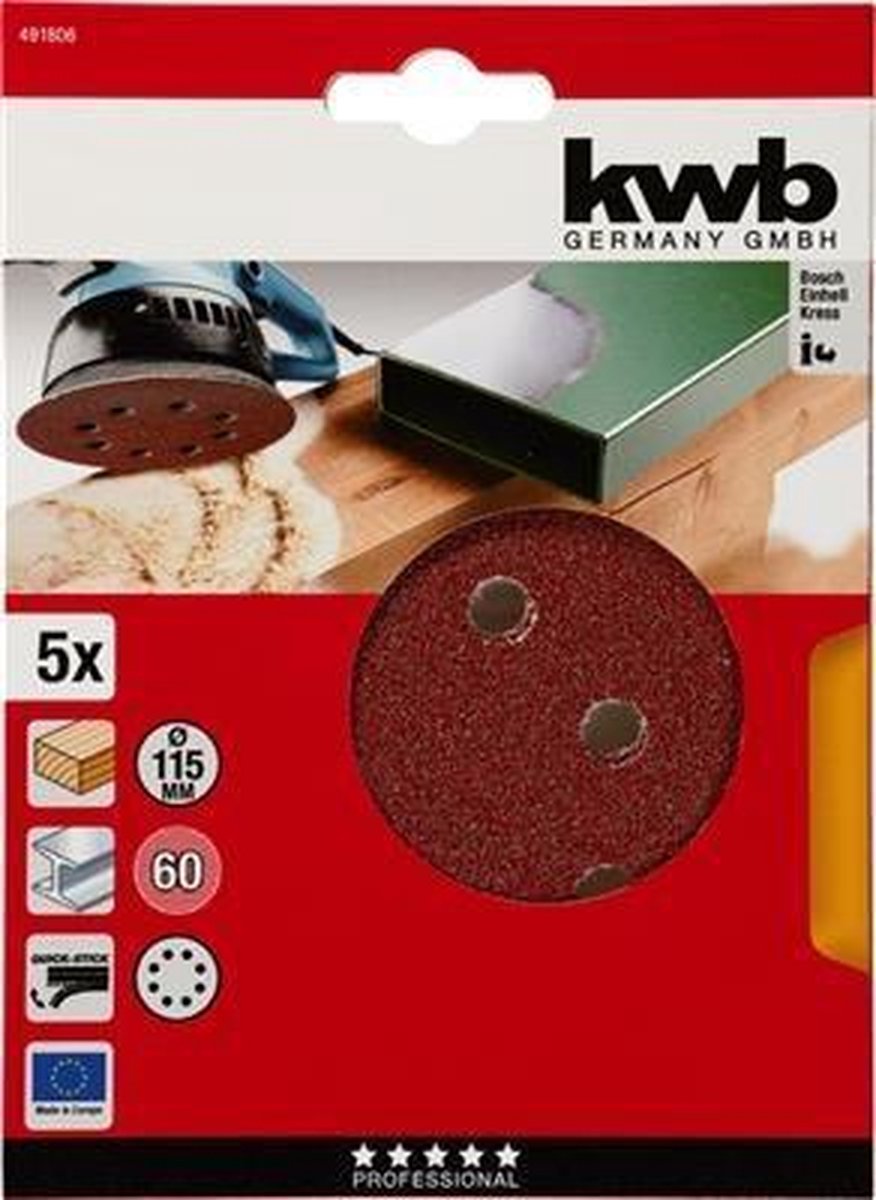 KWB schuurschijf Ø 115 mm - Korrel 60 - Klittenbandhechting - 491806 - 5 stuks