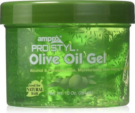 Groene pot met Ampro Pro Styl Olive Oil Gel. Alcohol- & parabeenvrij, hydraterend, plakt niet.