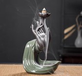 Backflow wierook brander / houder 20cm hand met lotus waterval Bruin & Groen keramiek / Zen verpakking / Feng Shui