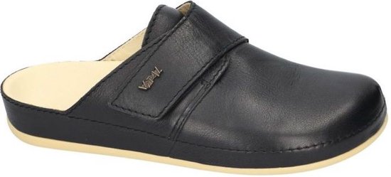 Zwarte leren Vital slipper met klittenbandsluiting en een crèmekleurige zool.
