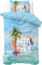 1-persoons dekbedovertrek “Miami” blauw met zee, flamingo, surfplank, palmbomen en tropische bloemen KATOEN 140 x 200/220 cm