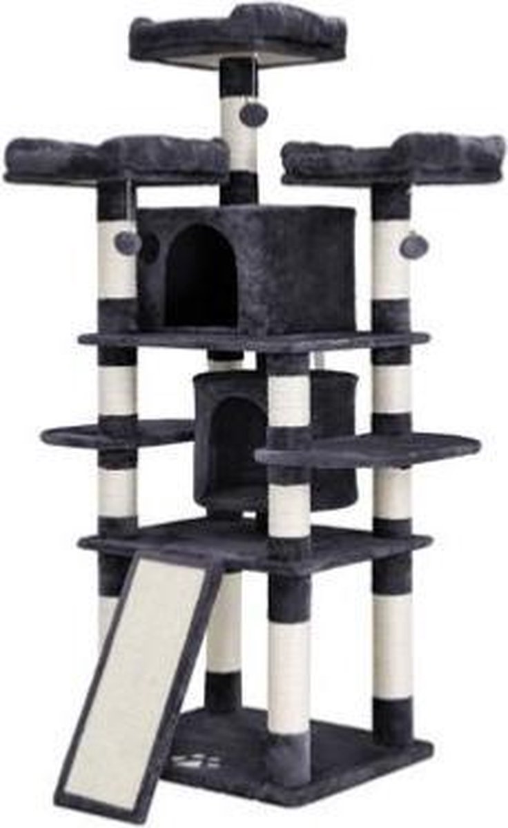 Segenn's XXL Krabpaal - kattenboom - kattenbak - met 3 comfortabele uitkijkplatforms - kattenspeelgoed met 2 knuffelholen - dikke sisalpalen - extra krabplank - 172 cm- Rookgrijs