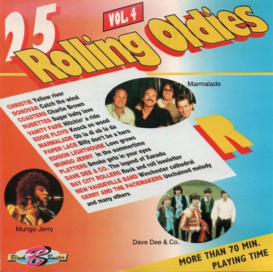CD-hoes "25 Rolling Oldies Vol. 4". Kleine foto's van artiesten zoals Mungo Jerry en Dave Dee & Co.