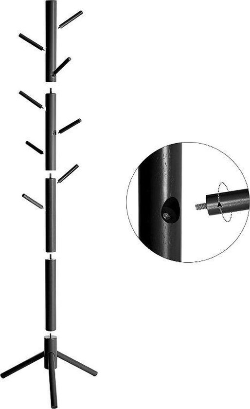 Zwarte staande kapstok uit delen met vertakte haken, met detailfoto van schroefbevestiging.