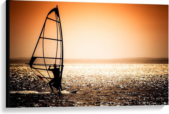 Canvas  - Windsurfer Silhouet - 90x60cm Foto op Canvas Schilderij (Wanddecoratie op Canvas)