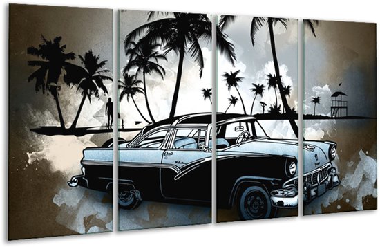 GroepArt - Glasschilderij - Oldtimer, Auto - Zwart, Wit, Blauw - 160x80cm 4Luik - Foto Op Glas - Geen Acrylglas Schilderij - 6000+ Glasschilderijen Collectie - Wanddecoratie