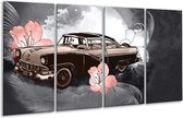 GroepArt - Glasschilderij - Oldtimer, Auto - Grijs - 160x80cm 4Luik - Foto Op Glas - Geen Acrylglas Schilderij - 6000+ Glasschilderijen Collectie - Wanddecoratie