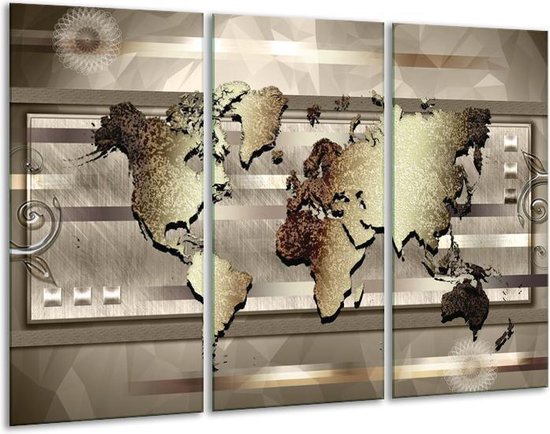 Glasschilderij Wereldkaart - Bruin, Goud - 120x80cm 3Luik - Foto Op Glas - Geen Acrylglas Schilderij - GroepArt 6000+ Glas Art Collectie - Maatwerk Mogelijk