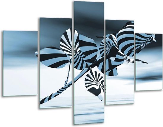 Glasschilderij -  Bloem, Roos - Blauw, Zilver - 100x70cm 5Luik - Geen Acrylglas Schilderij - GroepArt 6000+ Glasschilderijen Collectie - Wanddecoratie- Foto Op Glas