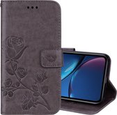 Rose reliëf horizontale Flip PU lederen tas voor iPhone XR, met houder & kaartsleuven en portemonnee (grijs)