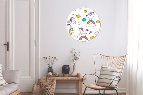 Illustration de licornes sur des arcs-en-ciel Sticker mural cercle papier peint 80x80 cm / cercle papier peint / cercle mural / cercle vivant - autocollant et coupe ronde