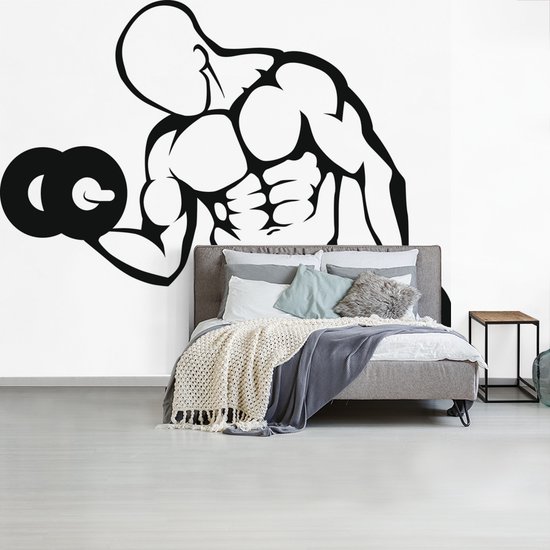 Papier peint photo vinyle - Une illustration d'un bodybuilder avec des poids largeur 315 cm x hauteur 260 cm - Tirage photo sur papier peint (disponible en 7 tailles)