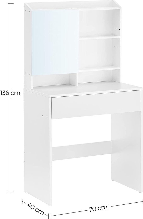 kaptafel, kaptafel met spiegel en een lade, cosmeticatafel, verstelbare planken, modern, 70 x 40 x 136 cm, wit RDT118W01
