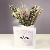 Bloomincard Bouquet - Droogbloemen - Cadeau voor mama - Droogbloemen in luxe doos met vaas ''Best mam ever'' - 5 roze roosjes met 3 verschillende granen - +/- 40cm hoog