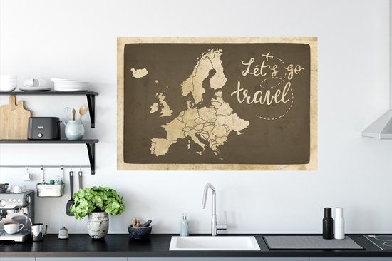 Sticker Muursticker Cartes d'Europe - Carte d'Europe Vintage avec texte Let's go travel - 120x80 cm - Film adhésif autocollant - Sticker mural repositionnable