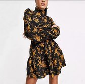 MKL - Midi jurk - Boho Goude bloemen Jurk - Zomerjurk met lange mouwen - Zwart en goud kleur - M