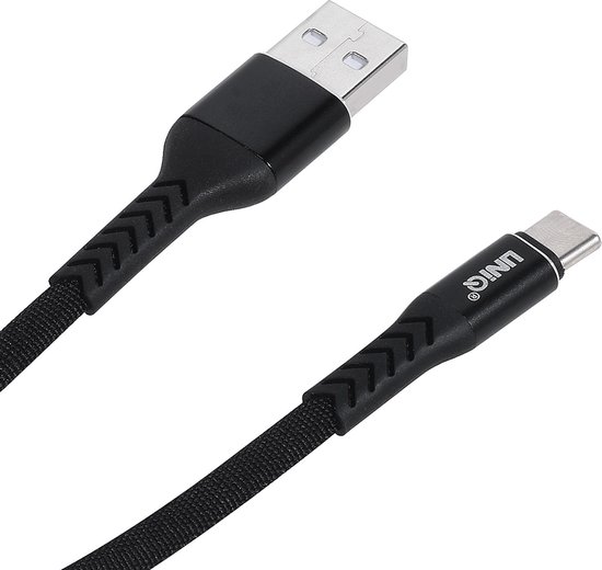 Câble USB-C UNIQ noir avec une texture tressée et le logo UNIQ sur les connecteurs. Un côté est un connecteur USB-A, l'autre est un connecteur USB-C.