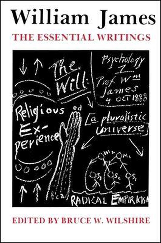 Boekomslag met de titel 'William James: The Essential Writings'. Zwart met witte tekst en illustraties.
