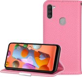 Voor Galaxy A11 Litchi Texture Effen kleur Horizontaal Flip Leren Case met Beugel & Kaartsleuven & Portemonnee & Lanyard (Roze)