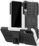 Schokbestendige PC + TPU-bandenpatroonbehuizing voor Galaxy A70, met houder (wit)