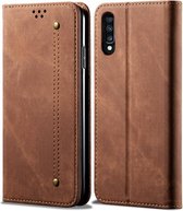 Voor Galaxy A70 denim textuur casual stijl horizontale flip lederen tas met houder en kaartsleuven en portemonnee (bruin)